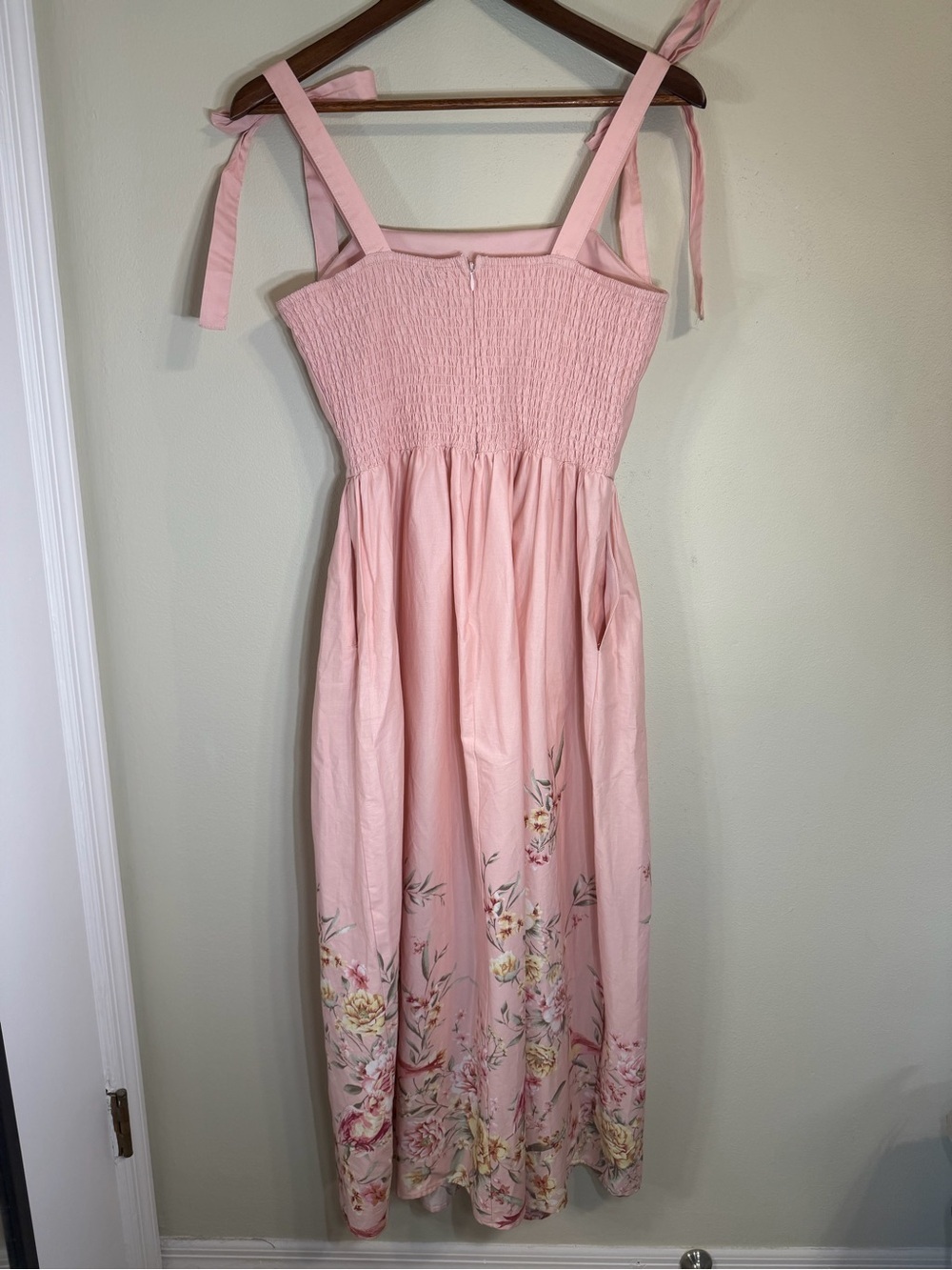 Joie Pink Floral Bird Maxi Dress M Tie Smocked Cottagecore - Picture 4 of 6